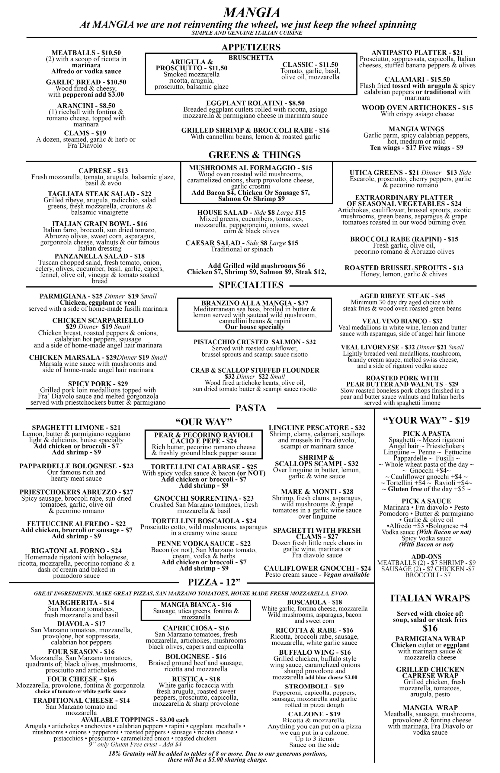Mangia Italian menu page 1