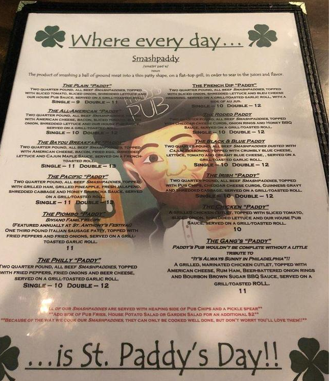Paddy's Pub menu page 1