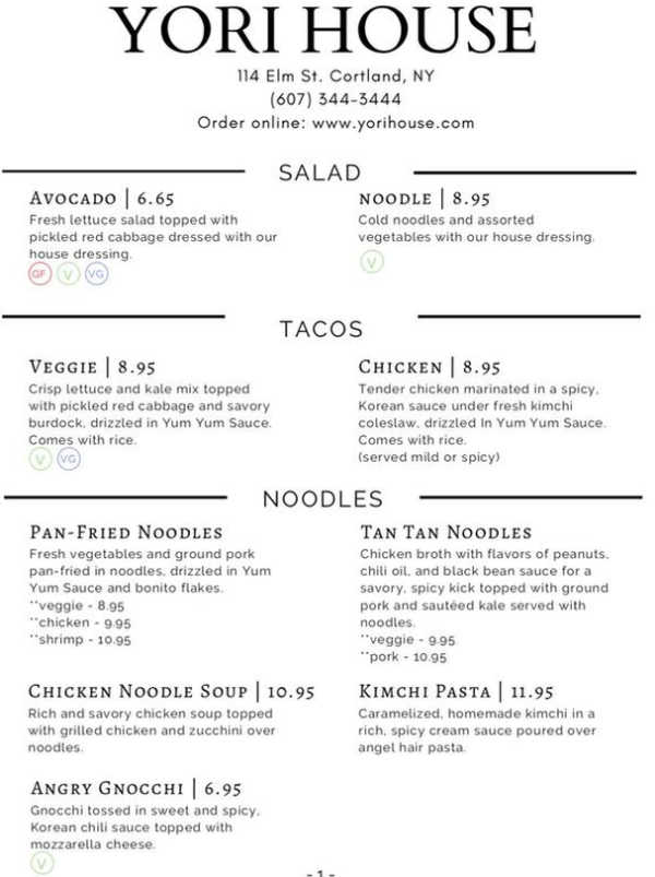 Yori House menu page 1