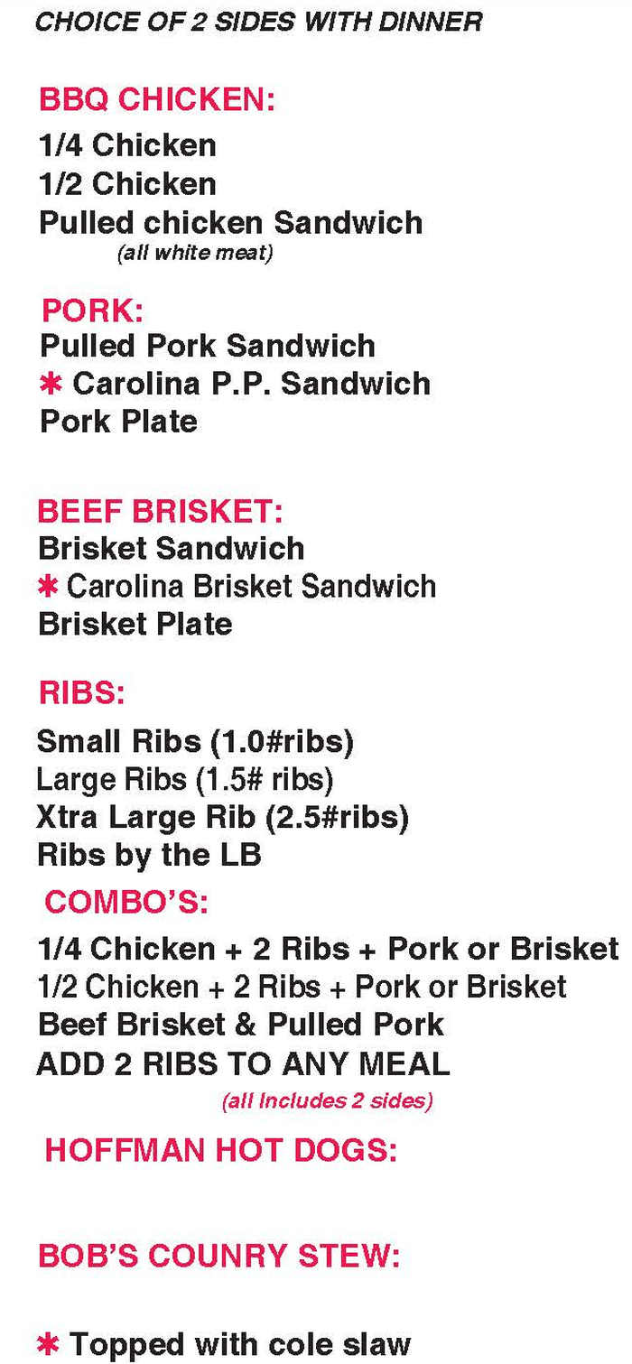 Bob's Barbecue menu page 1