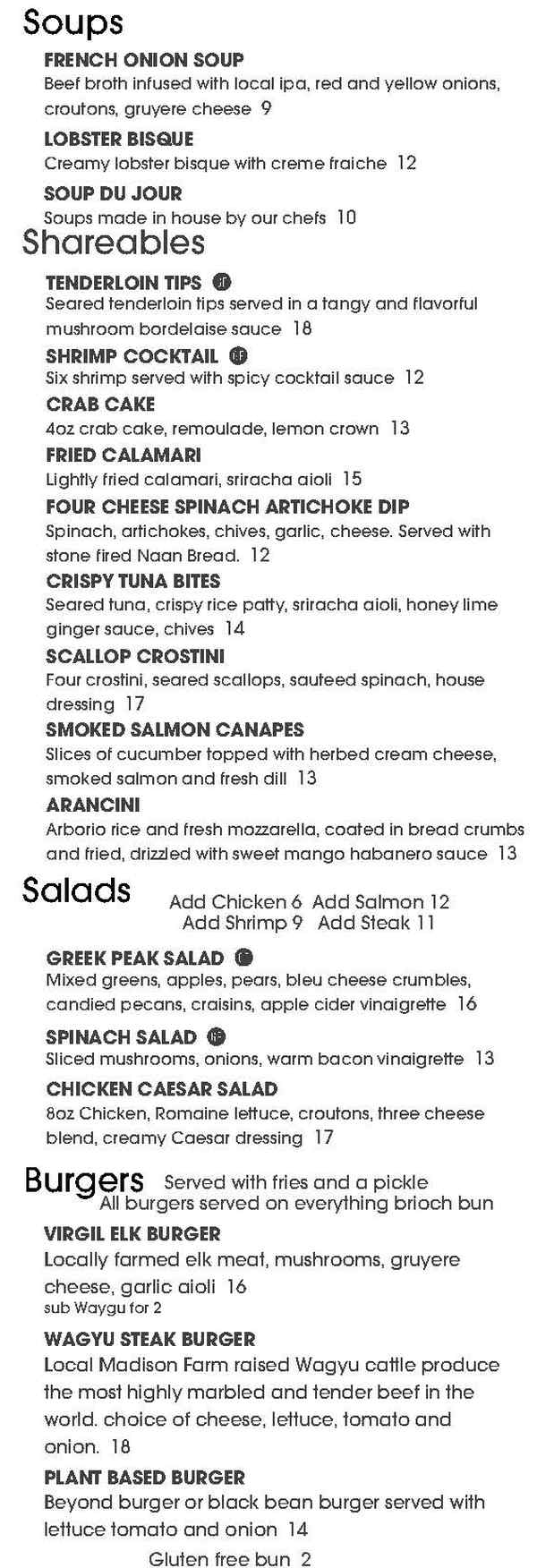 Carvers Steakhouse menu page 1
