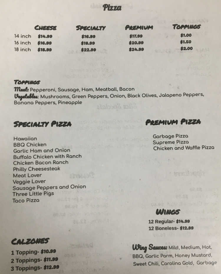 Luigi's Pizza menu page 1