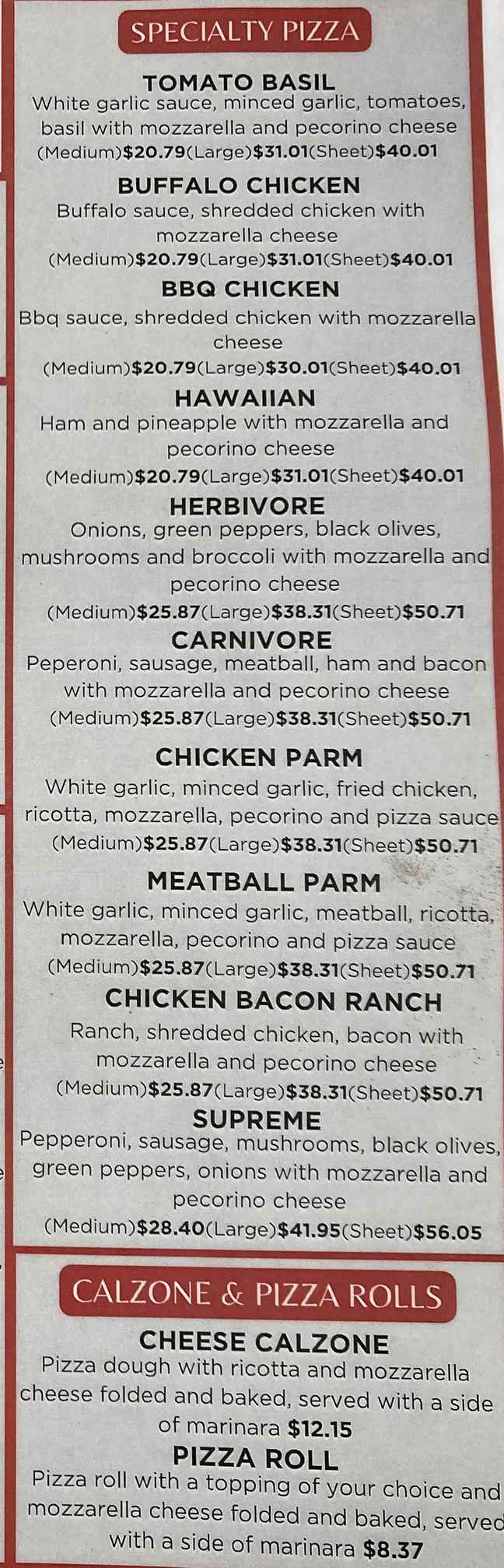 Carrozza Pizza Co menu page 1