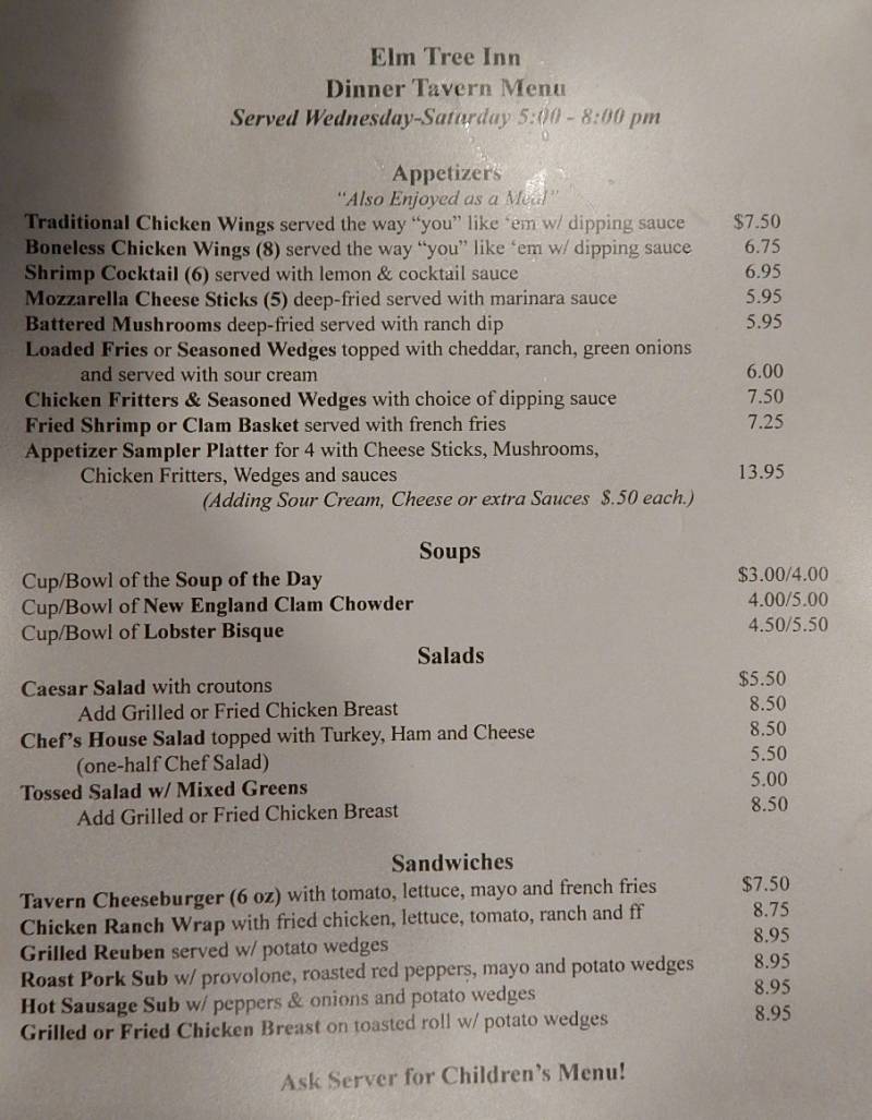 Elm Tree Inn menu page 1