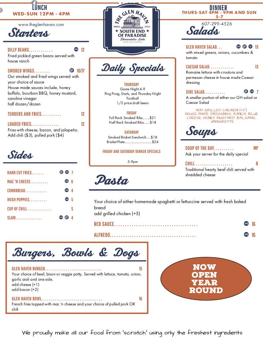 Glen Haven menu page 1