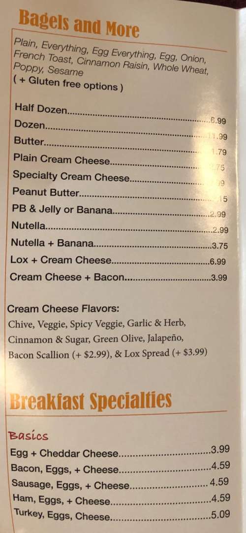 New York Bagel menu page 1