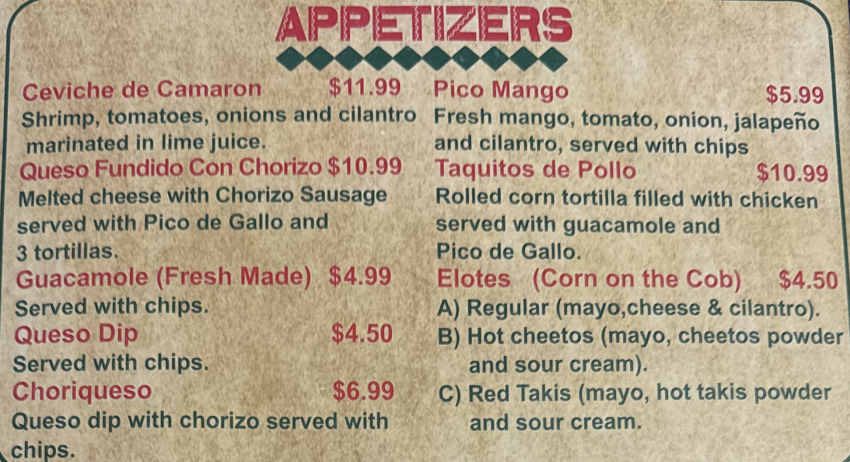 Veracruzana Mexican menu page 1