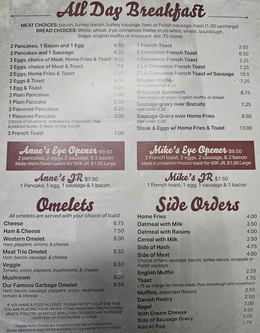 Anne's Pancakes menu page 1
