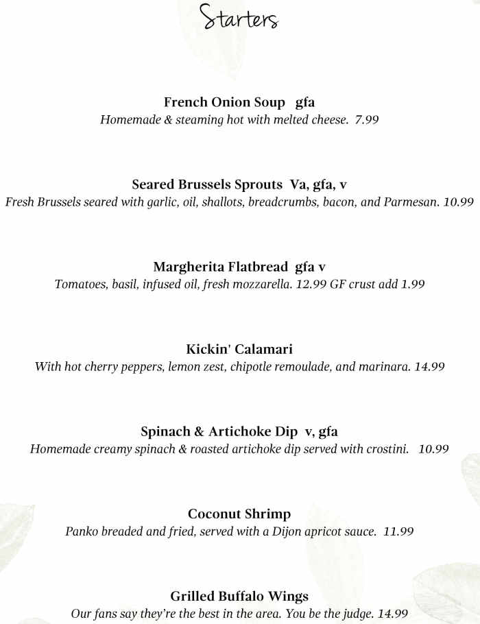 Hill Top Inn menu page 1