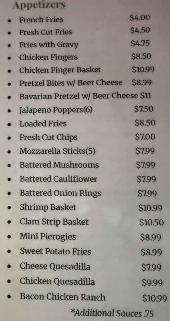 O'Ryans Sports Bar menu page 1