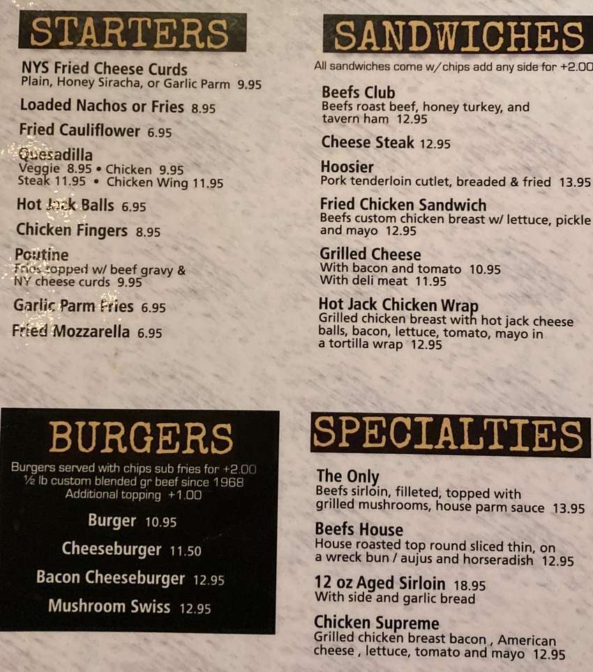 Beefs menu page 1