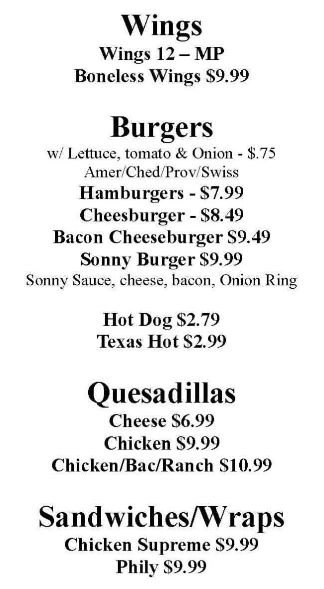 Sonny's Bar & Grille menu page 1