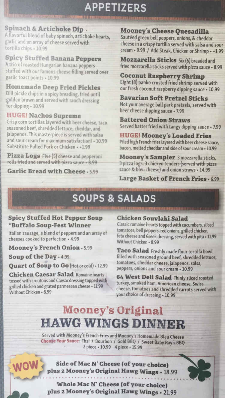 Mooney's menu page 1