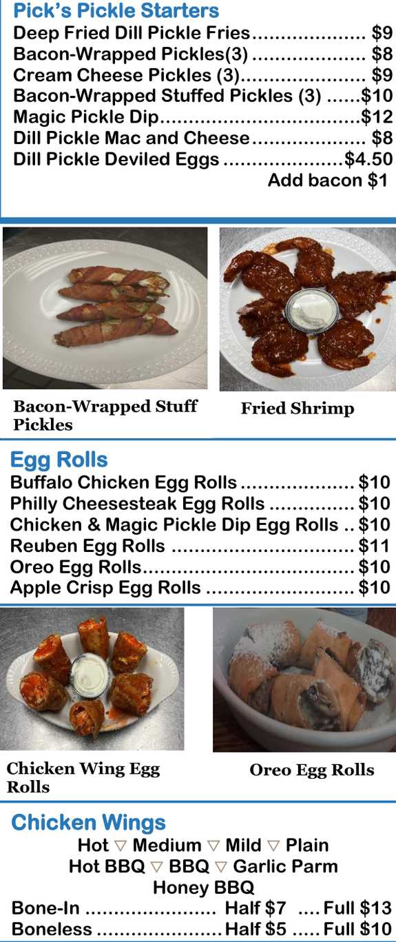 Pick's Pub menu page 1