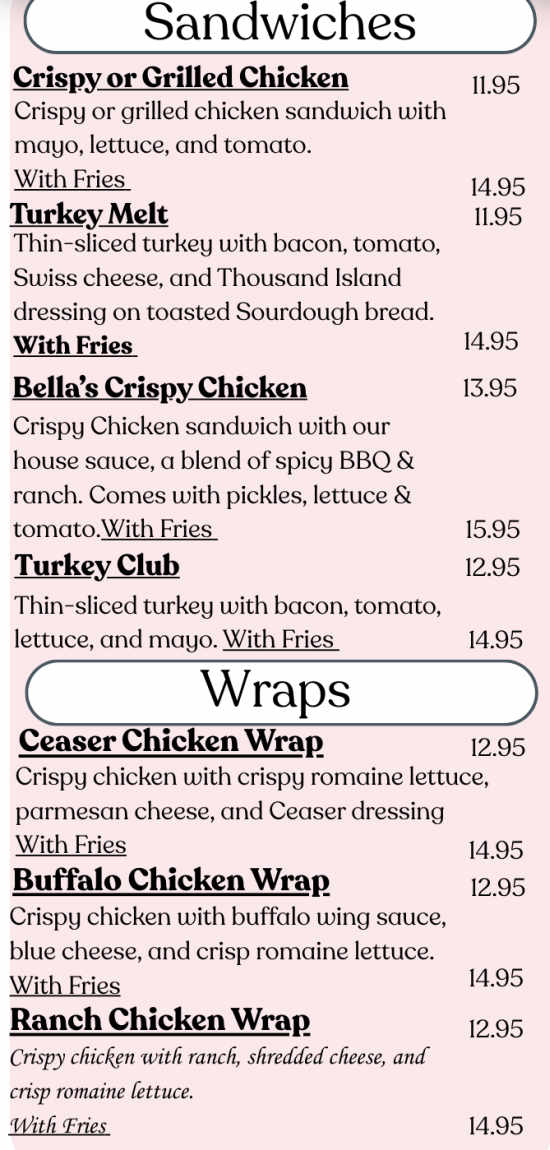 Bella's Ice Cream Parlor menu page 1