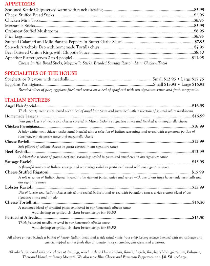 DeJohn's Spaghetti House menu page 1