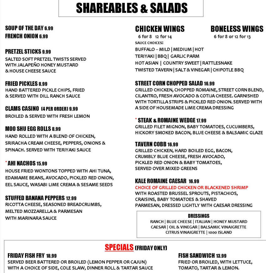 Village Tavern menu page 1