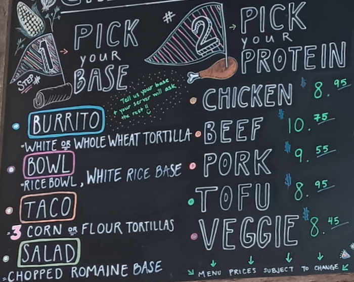 Char Burrito Bar menu page 1