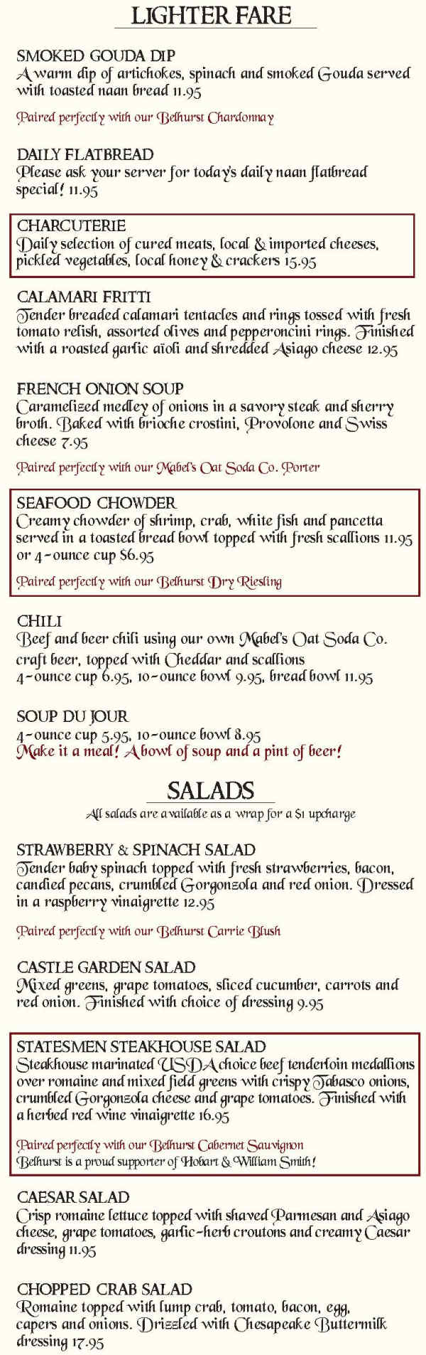 Stonecutter's Tavern menu page 1