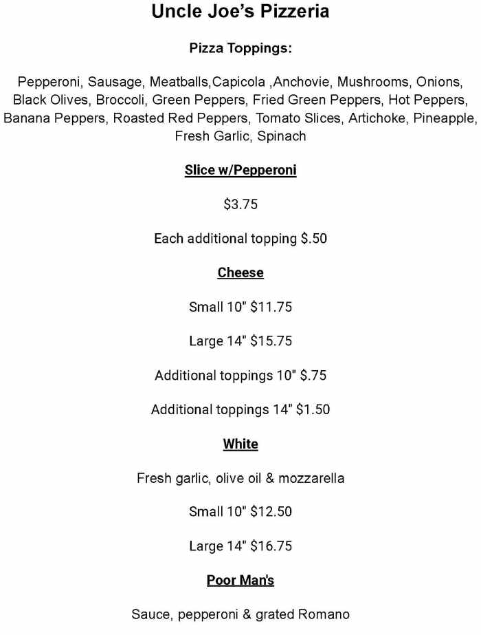 Uncle Joe's Pizzeria menu page 1