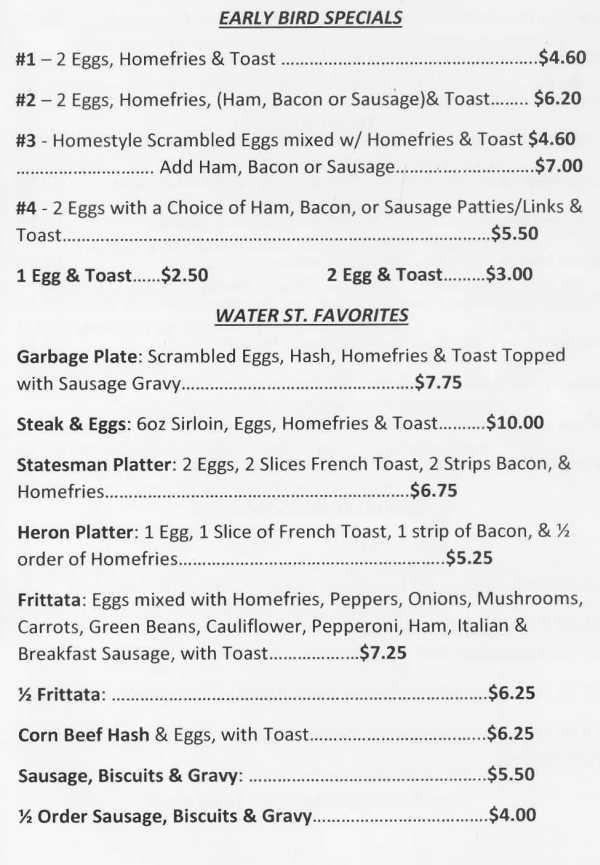 Water Street Cafe menu page 1