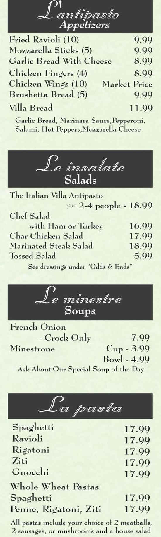 Italian Villa menu page 1