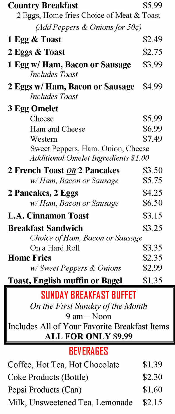 J C's Cafe menu page 1