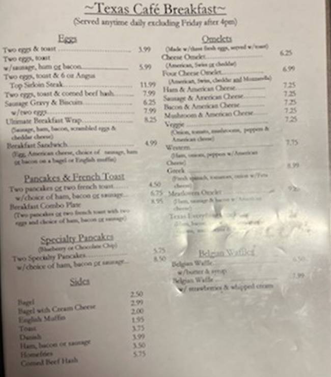 Texas Cafe menu page 1