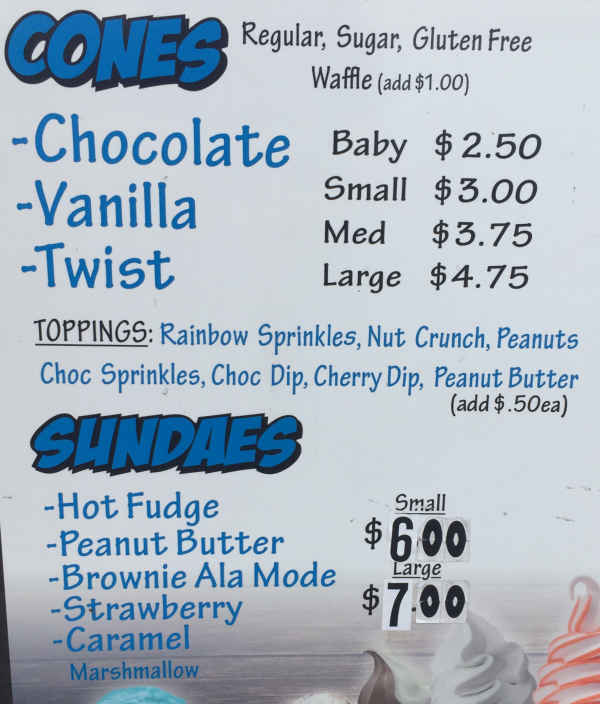 Rosie's Ice Cream menu page 1