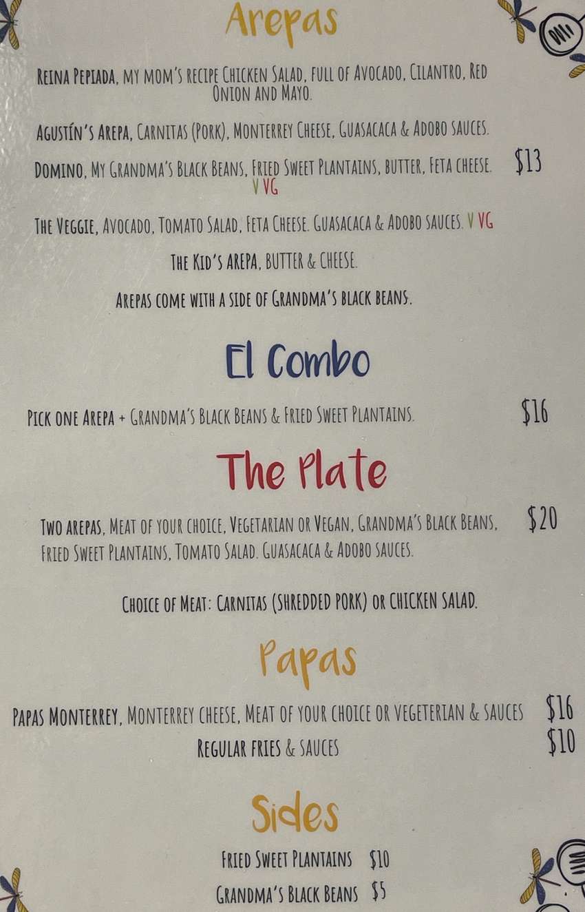 Yxi's Arepas & Gordito menu page 1