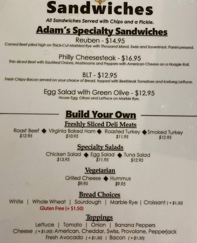 Adam's Corners Cafe menu page 1