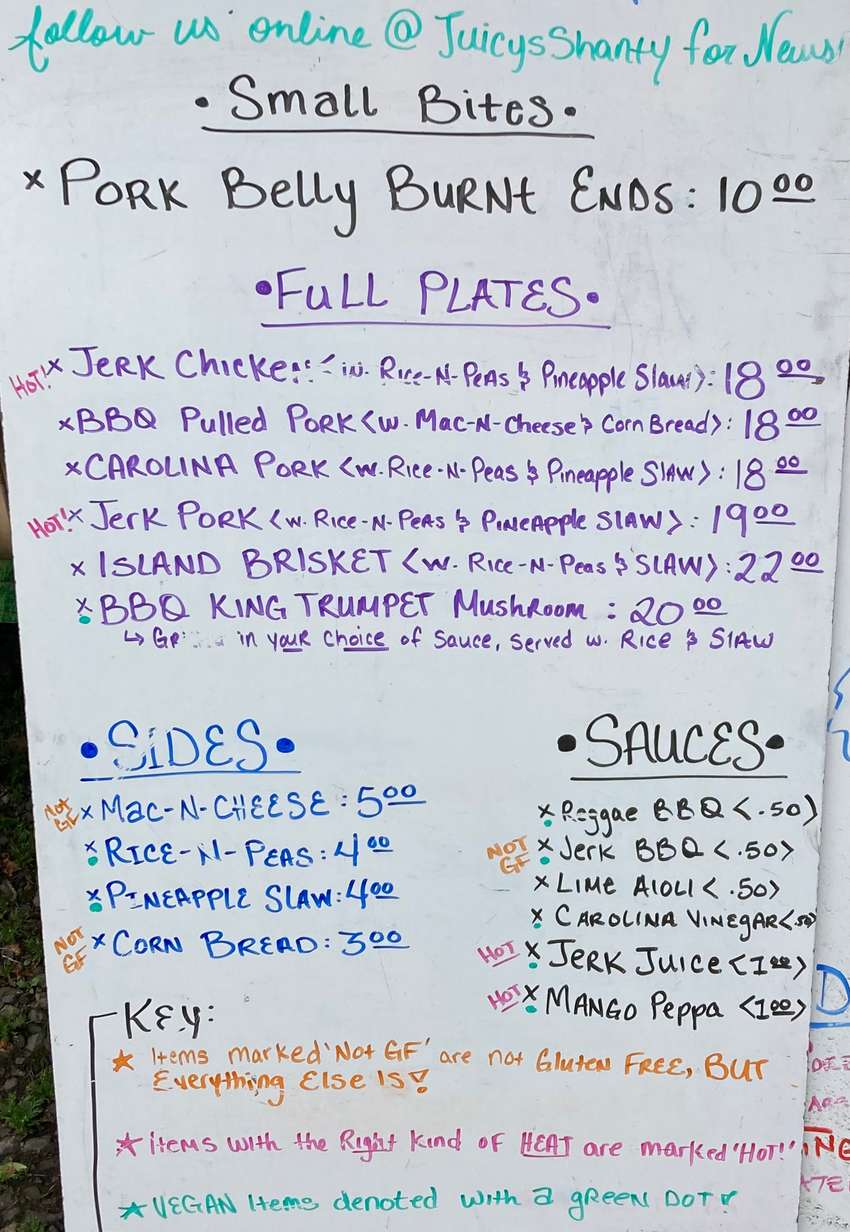 Juicy's Shanty menu page 1