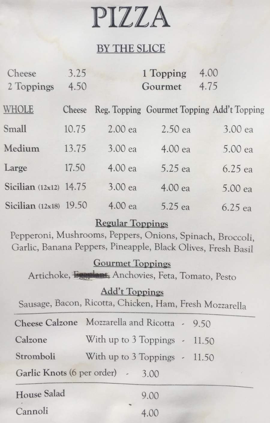 Franco's Pizzeria menu page 1