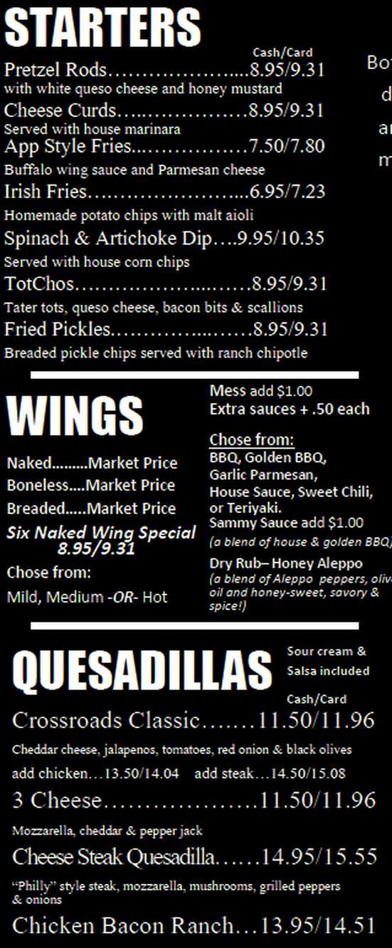 Crossroads Bar & Grille menu page 1