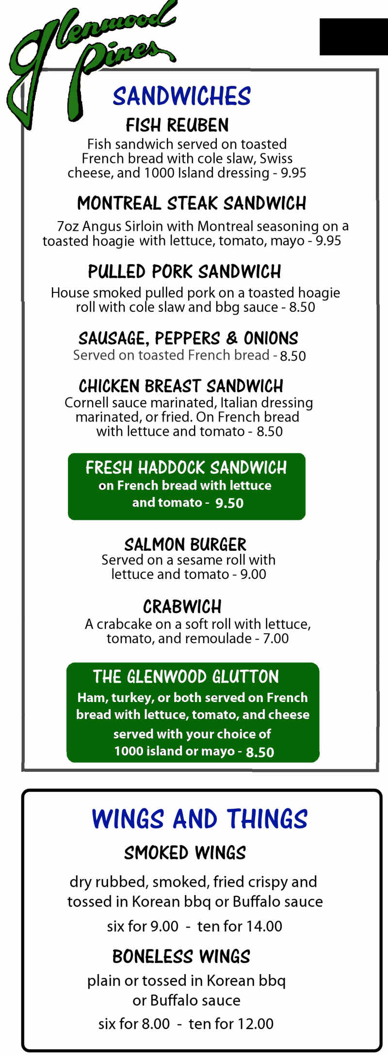Glenwood Pines menu page 1