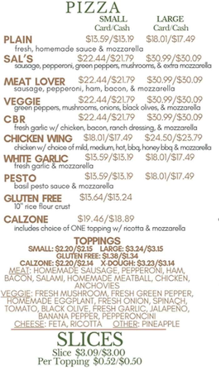Sal's Pizzeria menu page 1