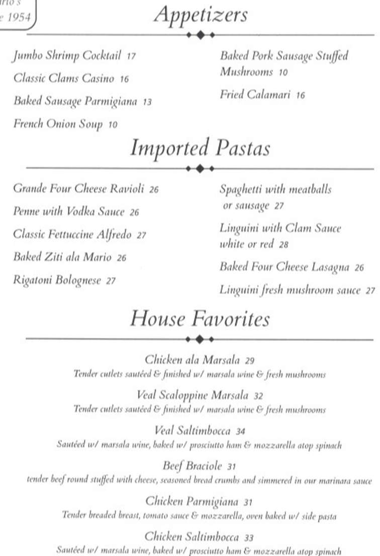 Mario's Restaurant menu page 1