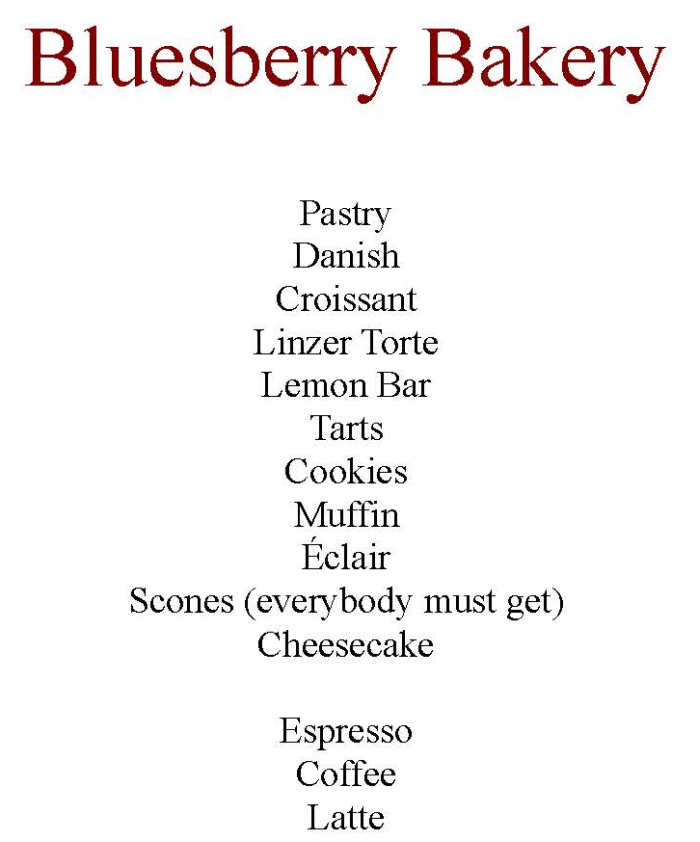 Bluesberry Bakery menu page 1