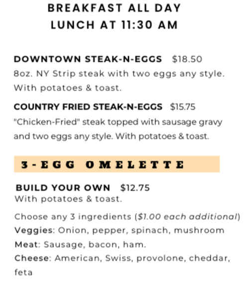 Downtown Diner menu page 1