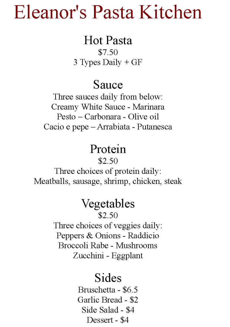 Eleanor's Pasta Kitchen menu page 1
