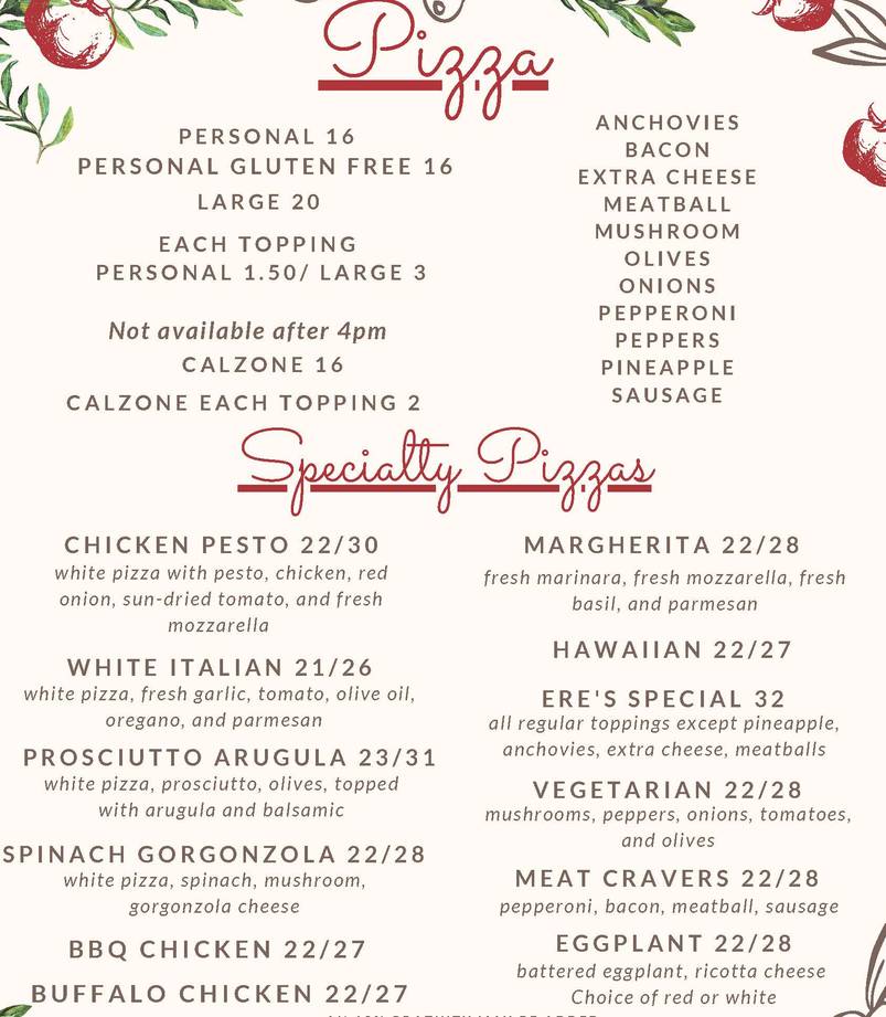 Ere's Pizza menu page 1