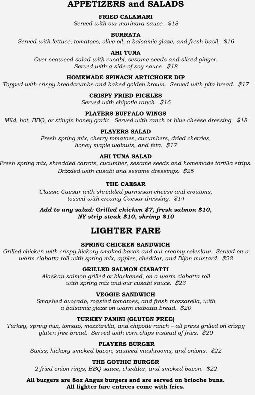 Players Waterfront Eatery menu page 1