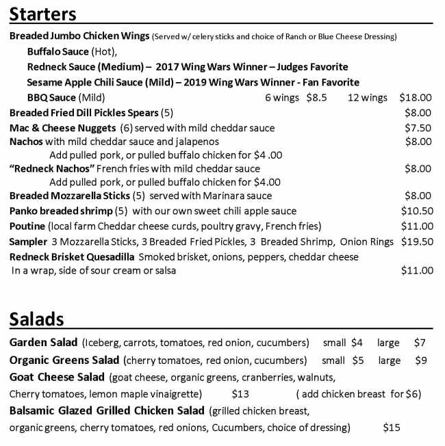 Redneck Bistro menu page 1