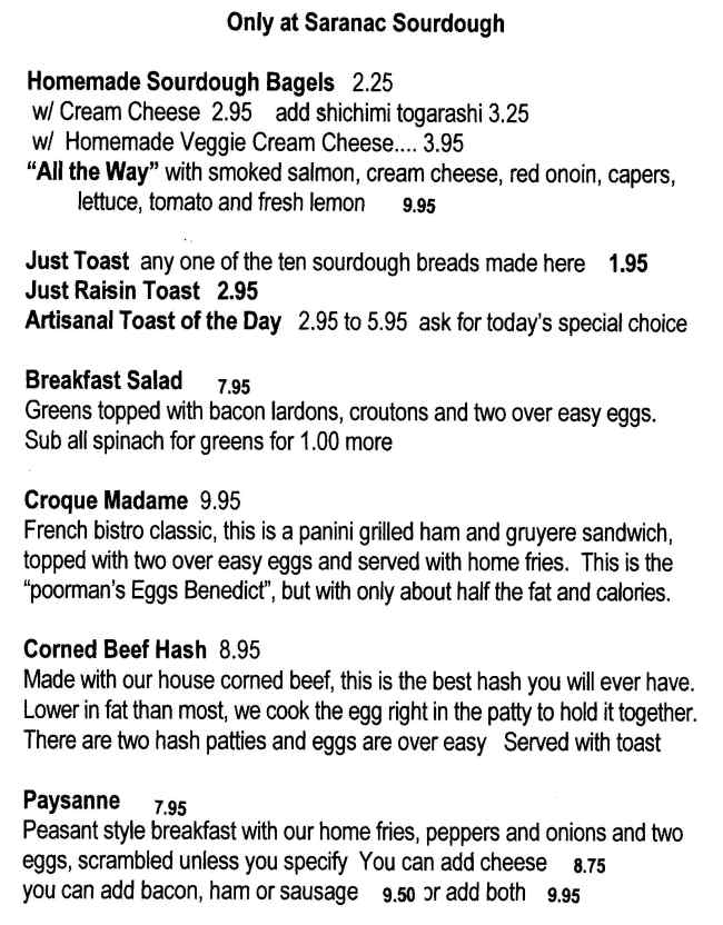 Saranac Sourdough menu page 1