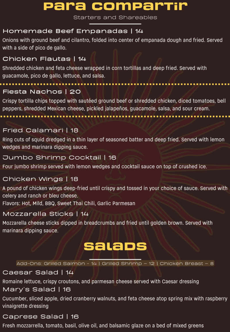 Sol de Oro menu page 1