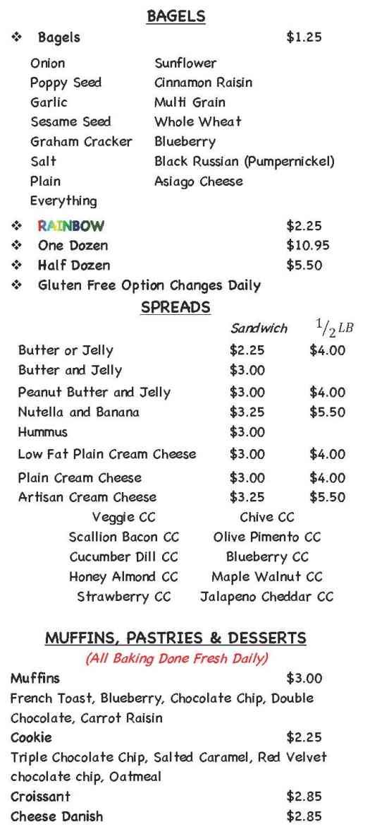 Soulshine Bagel menu page 1