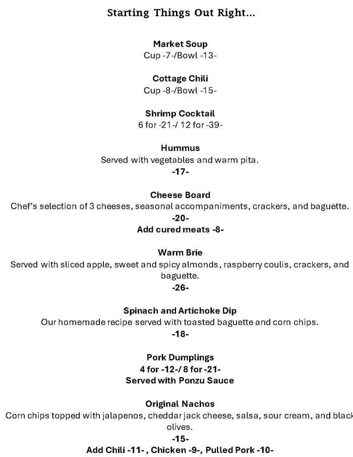 The Cottage menu page 1