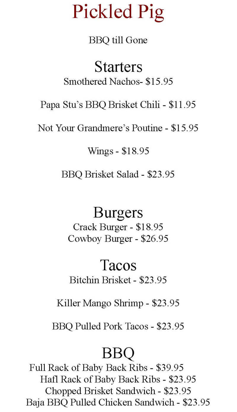 The Pickled Pig menu page 1