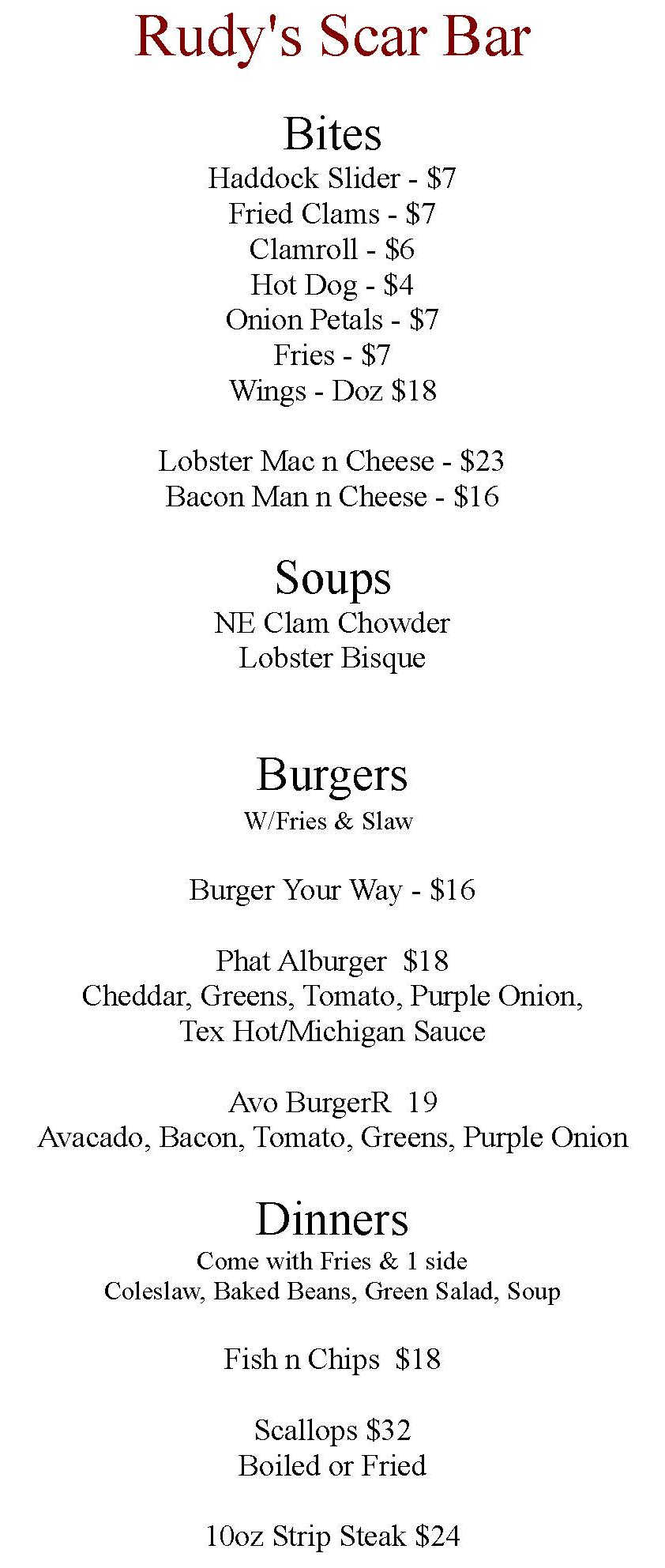 Rudy's Scar Bar menu page 1