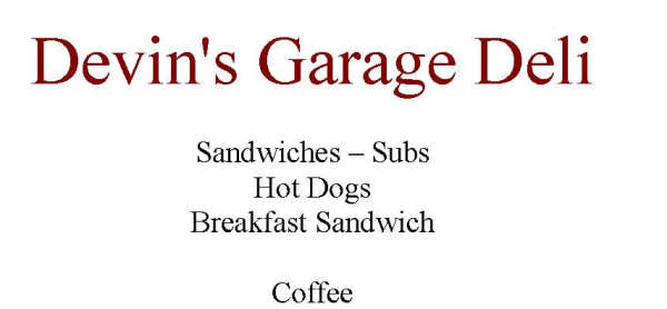 Devin's Garage Deli menu page 1